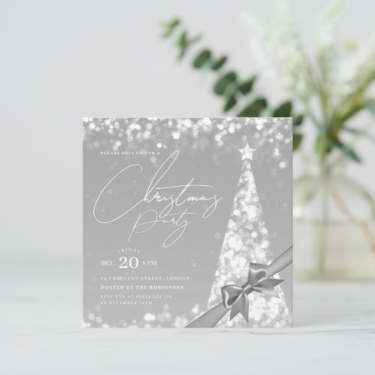 MODERN Silver Winter Christmas Tree Bow Party  招待状 (スタンド正面)