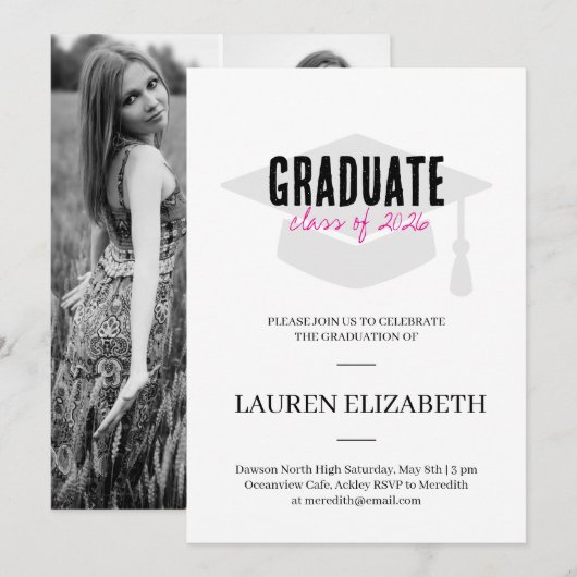 Modern Simple Black &Pink 3Photo Graduation  招待状 (正面/裏面)