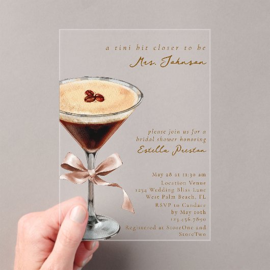 Modern Simple Bow Espresso Martini Bridal Shower アクリル招待状 (インサイチュ (ポータブル))