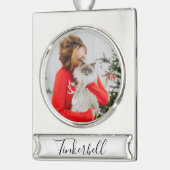 Modern Simple Classic at Name and Pet Photo シルバープレートバナーオーナメント (左)