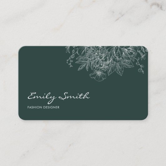 Modern Simple Dark Blue Flower Line Art QRCode  名刺 (正面)