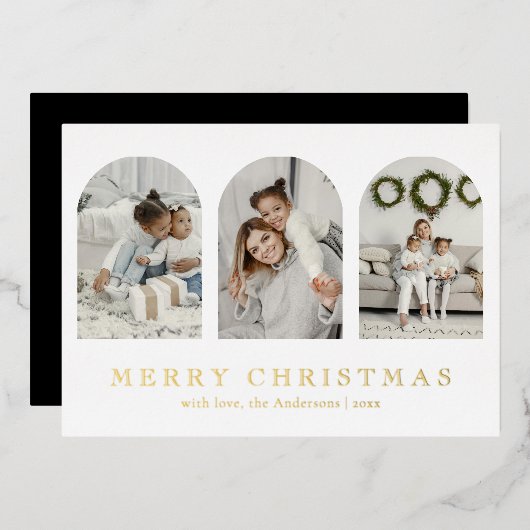 Modern Simple Elegant Arch Photo Collage Christmas 箔シーズンカード (正面/裏面)