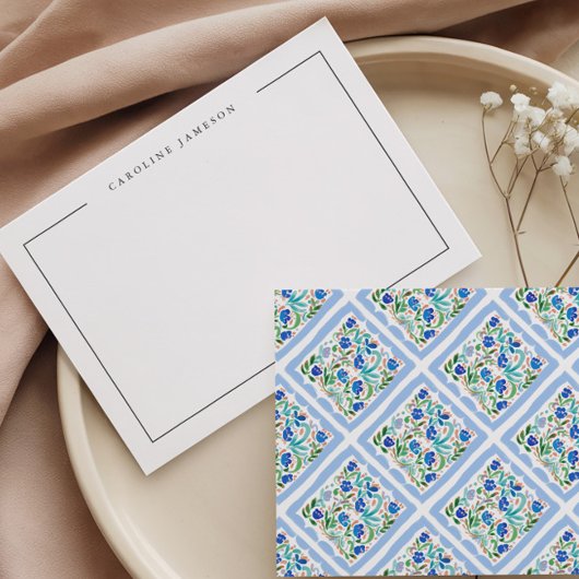 Modern Simple Floral Blue Name Flat Note Card ノートカード