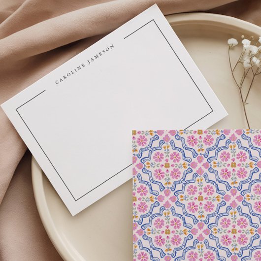 Modern Simple Floral Pink Name Flat Note Card ノートカード