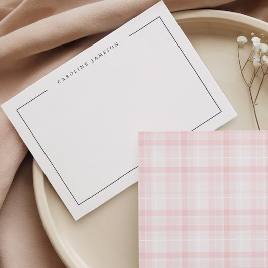 Modern Simple Floral Pink Plaid Flat Note Card ノートカード