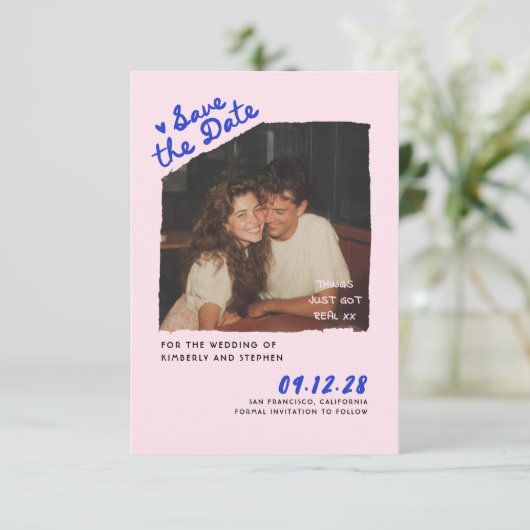 Modern Simple Fun Handwritten Save The Date Photo 招待状 (スタンド正面)
