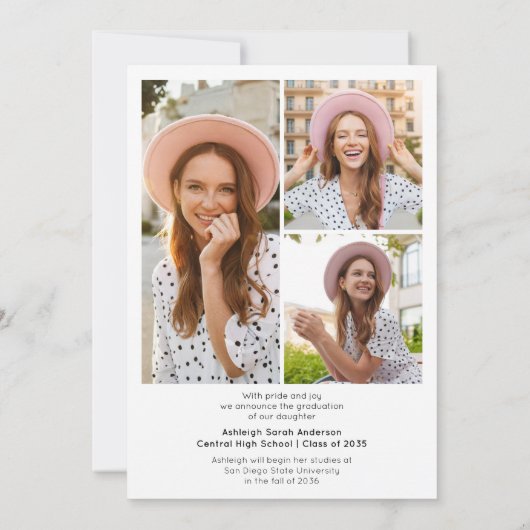 Modern Simple Graduate 3 Photo Collage Graduation 案内状 (裏面)