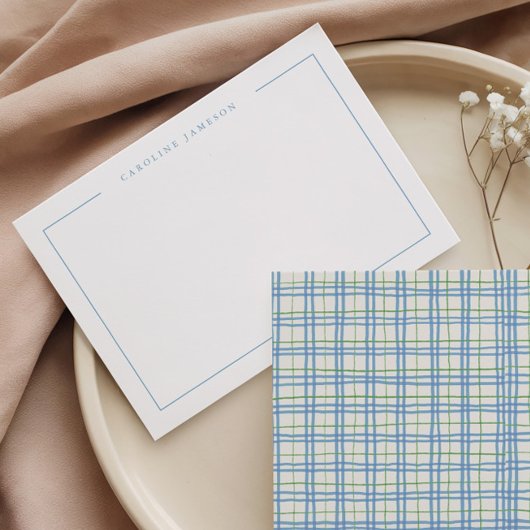 Modern Simple Green Blue Plaid Flat Note Card ノートカード