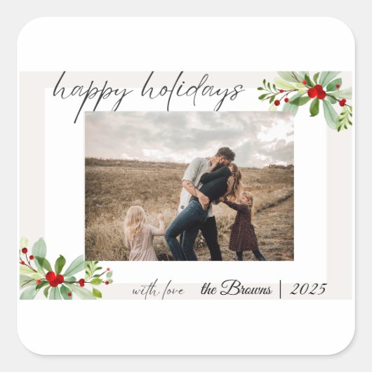 Modern Simple Happy Holidays Family Photo Card スクエアシール (正面)