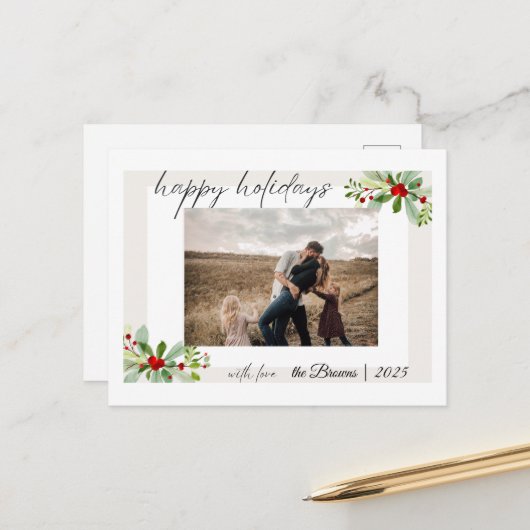 Modern Simple Happy Holidays Family Photo Card ポストカード (正面/裏面インサイチュ)