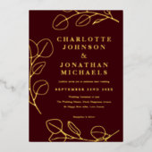 Modern Simple Leaves Burgundy and Gold 箔招待状 (正面)