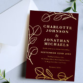 Modern Simple Leaves Burgundy and Gold 箔招待状