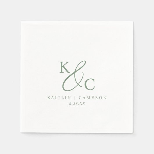 Modern Simple Monogram Sage Green Wedding スタンダードカクテルナプキン (正面)
