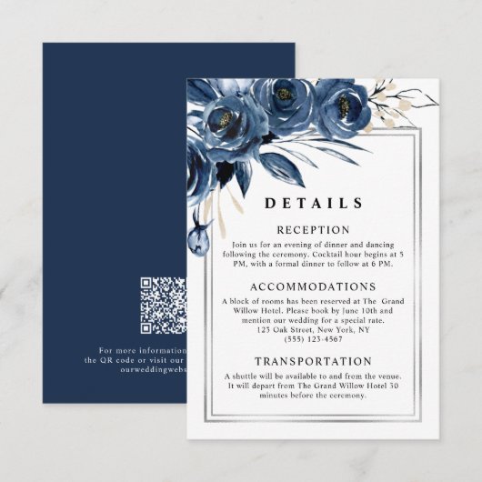 Modern Simple Navy Blue & Silver Wedding QR Code エンクロージャーカード (正面/裏面)