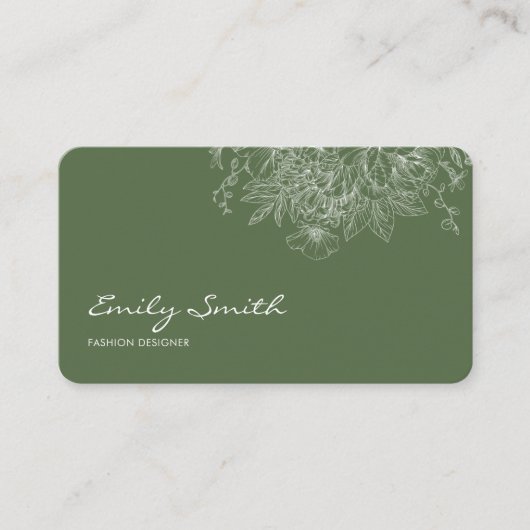 Modern Simple Olive Green Flower Line Art QRCode  名刺 (正面)