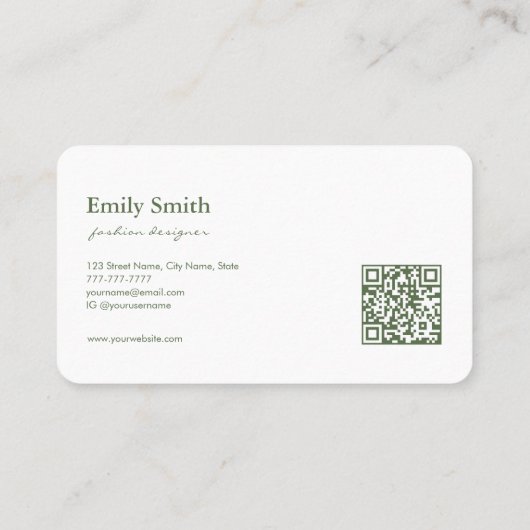 Modern Simple Olive Green Flower Line Art QRCode 名刺 (裏面)