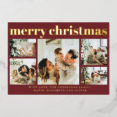 Modern Simple Photo Collage Minimal Red Christmas 箔シーズンカード (正面)