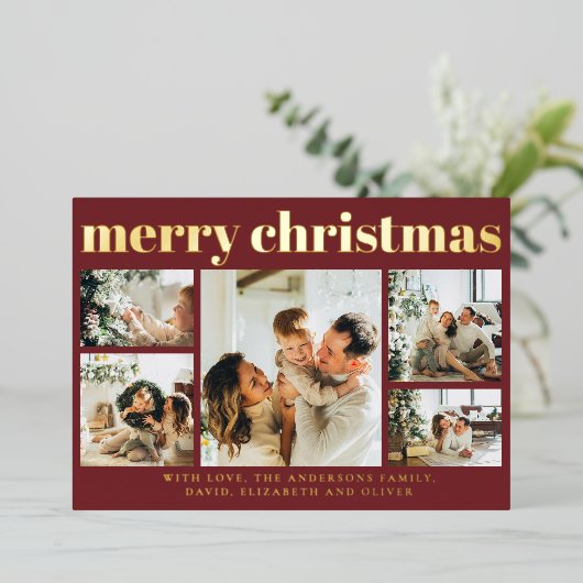 Modern Simple Photo Collage Minimal Red Christmas 箔シーズンカード (立ち正面)