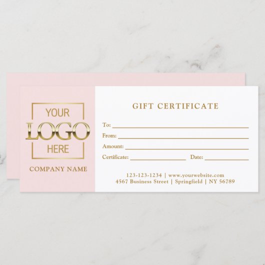 Modern Simple Pink Business Logo Gift Certificate (正面/裏面)