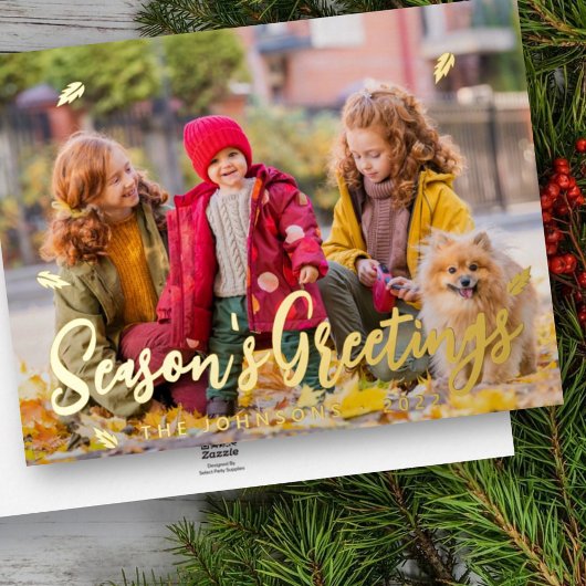 Modern Simple Playful Greetings Leaf Family Photo 箔シーズンカード