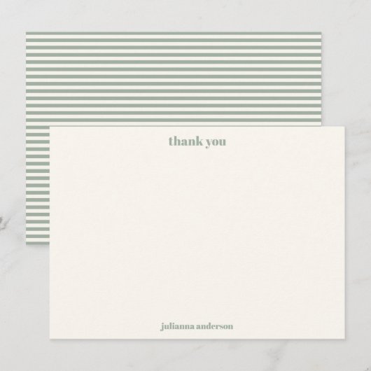 Modern Simple Sage Green Stripes Personalized Name サンキューカード (正面/裏面)