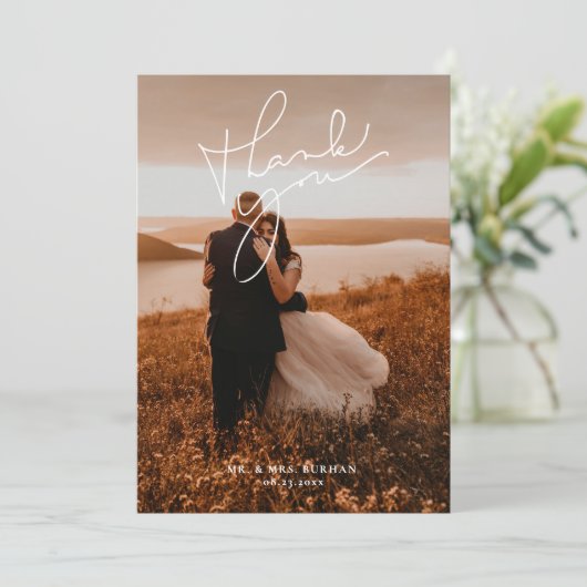 Modern Simple Script Wedding Photo サンキューカード (スタンド正面)