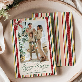 Modern Simple Stripes & Bow Happy Holidays Photo シーズンカード