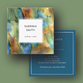Modern Simple Teal Blue Brown Watercolor Abstract スクエア名刺