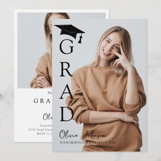 Modern Simple Two Photo Graduation Party  招待状 (正面/裏面)