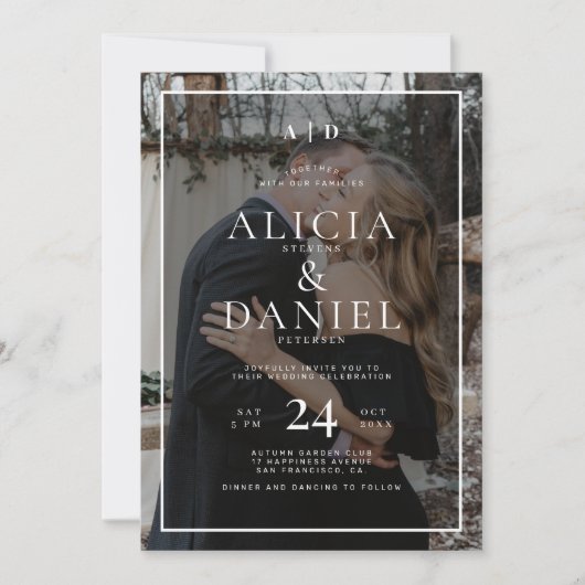 Modern simple typography 2 photo wedding 招待状 (正面)