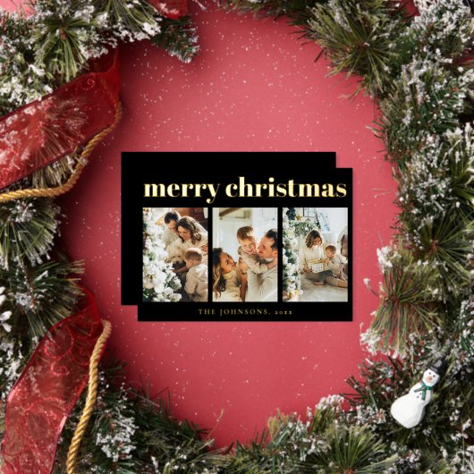 Modern Simple Typography Photo Black Christmas 箔シーズンカード (インサイチュ)