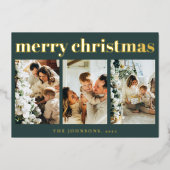 Modern Simple Typography Photo Green Christmas 箔シーズンカード (正面)