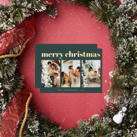 Modern Simple Typography Photo Green Christmas 箔シーズンカード (インサイチュ)