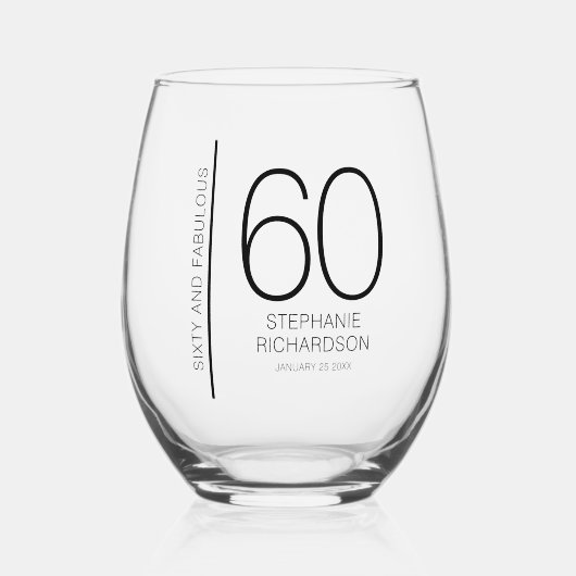 Modern Sixty and Fabulous Name Date 60th Birthday ステムなしワイングラス (正面)