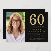 Modern Sixty Black Gold Photo 60th Birthday 招待状 (正面/裏面)