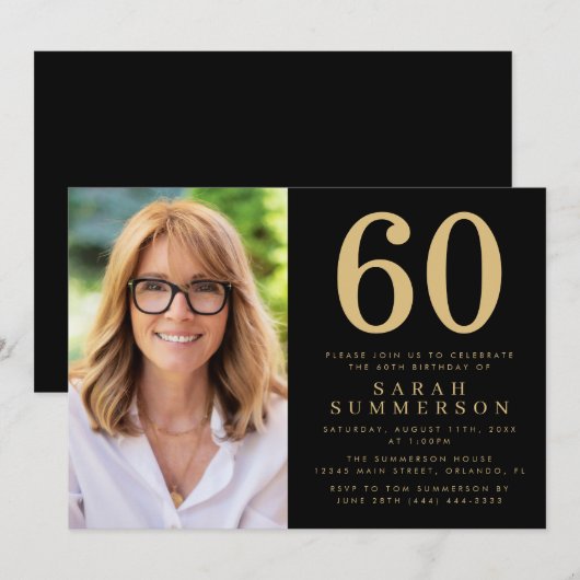 Modern Sixty Black Gold Photo 60th Birthday 招待状 (正面/裏面)