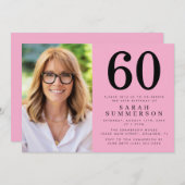Modern Sixty Pink Black Photo 60th Birthday Party 招待状 (正面/裏面)