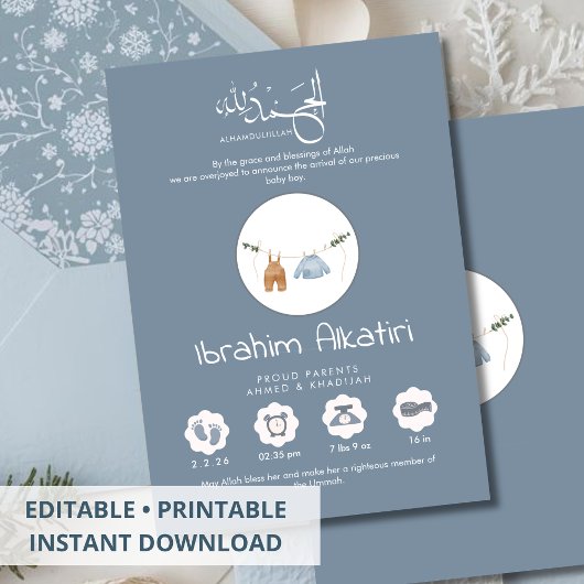 Modern Slate Blue Islamic Baby Boy Birth 案内状