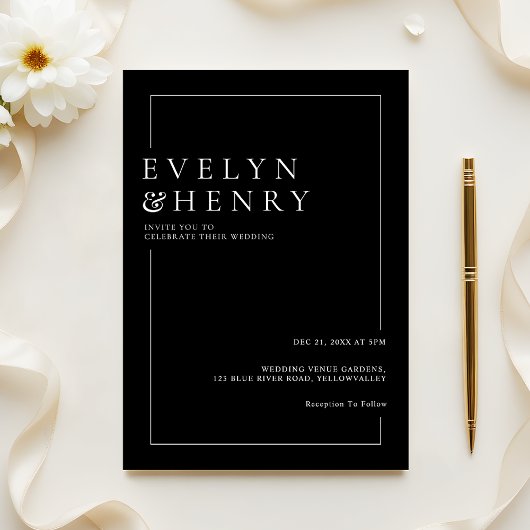Modern Sleek Black White Border Wedding 招待状