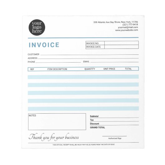 Modern Small Business Invoice Sales Receipt Blue ノートパッド (正面)