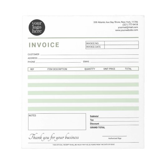 Modern Small Business Invoice Sales Receipt Green ノートパッド (正面)