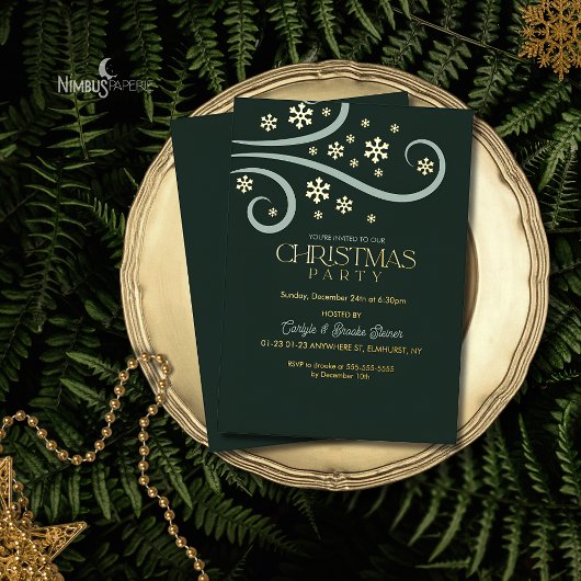 Modern Snowflake Foil Green Christmas Invitation 箔招待状