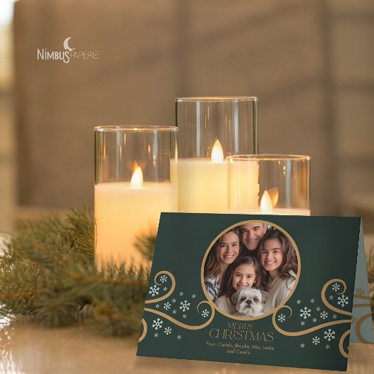 Modern Snowflake Green Folded Photo Holiday Card カード