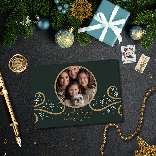 Modern Snowflake Green Folded Photo Holiday Card カード
