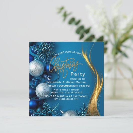 Modern snowflake pine navy winter Christmas party  招待状 (スタンド正面)