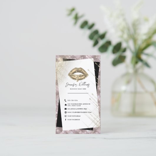 Modern Social Media Icons Unique Gold Lips Beauty 名刺 (スタンド正面)