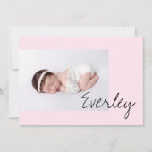 Modern Soft Pink Baby Girl Name Script Photo Birth 案内状 (正面)