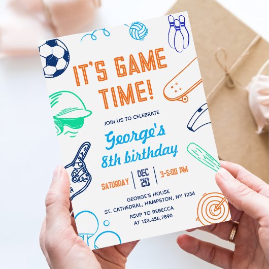 Modern Sports It's Game Time! Kids Birthday 招待状