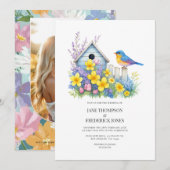 Modern Spring Floral Wedding Photo and QR Code 招待状 (正面/裏面)