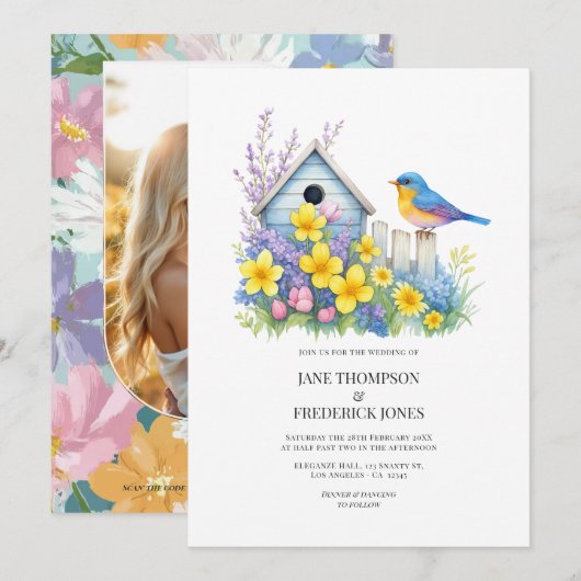 Modern Spring Floral Wedding Photo and QR Code 招待状 (正面/裏面)